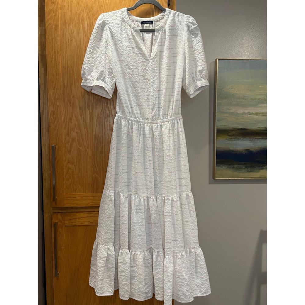 White Striped Seersucker Midi Dress V-Neck Tiered Skirt Womens